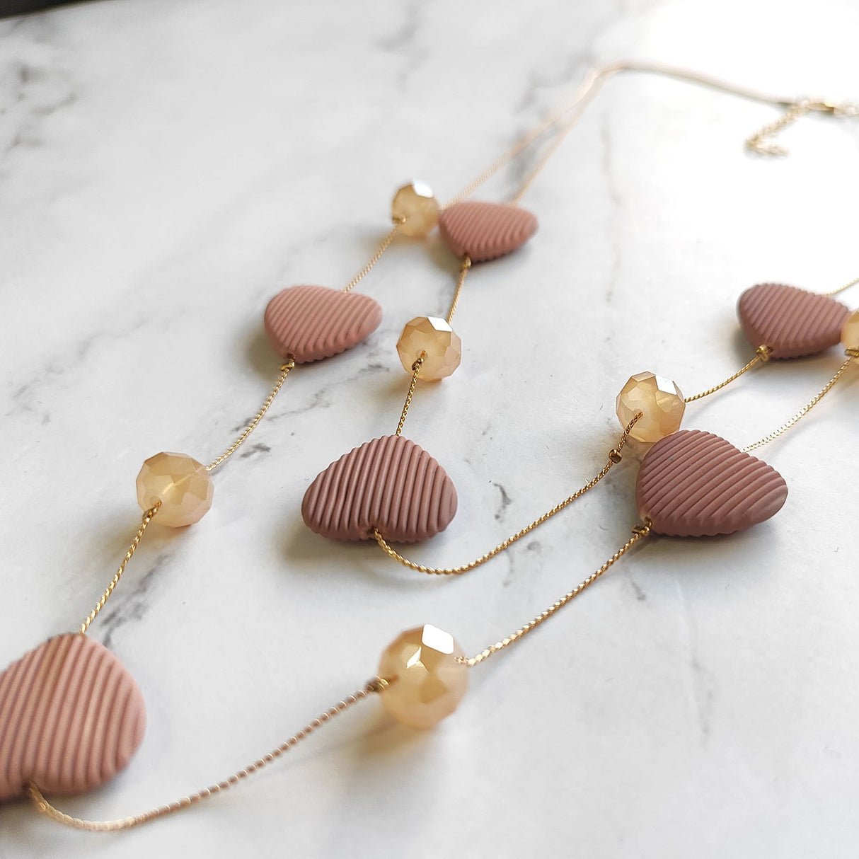 Double Layer Heart Pendant Necklace with Beads – Gold Chain