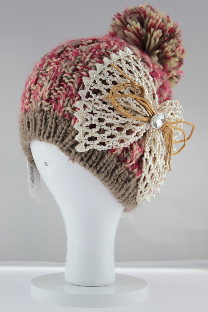 Netted Knit Bow Pom Pom Hat - Red