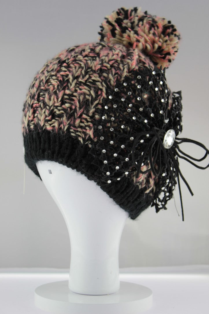 Netted Knit Bow Pom Pom Hat - Black