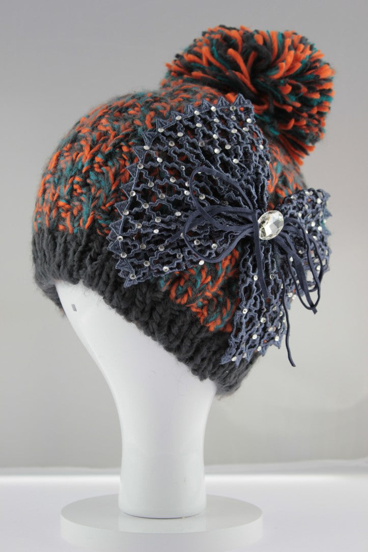 Netted Knit Bow Pom Pom Hat - Blue