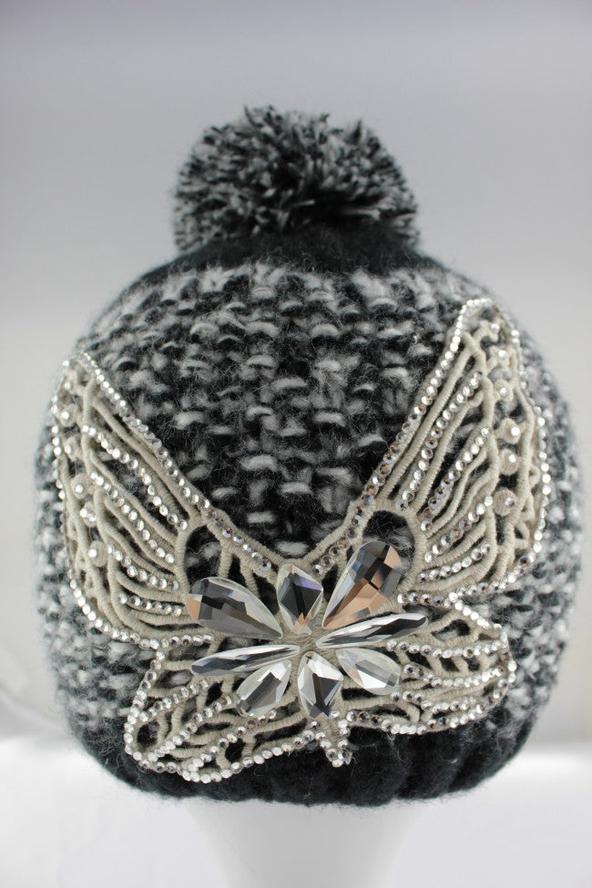 Butterfly Design Pom Pom Hat - Black