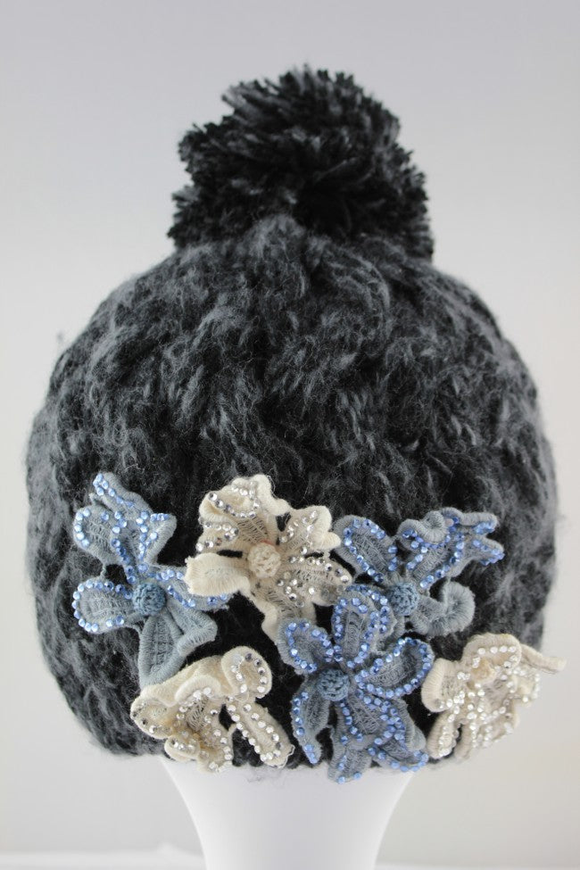 Lovely Multi-Flower Cable Knit Pom Pom Hat - Black