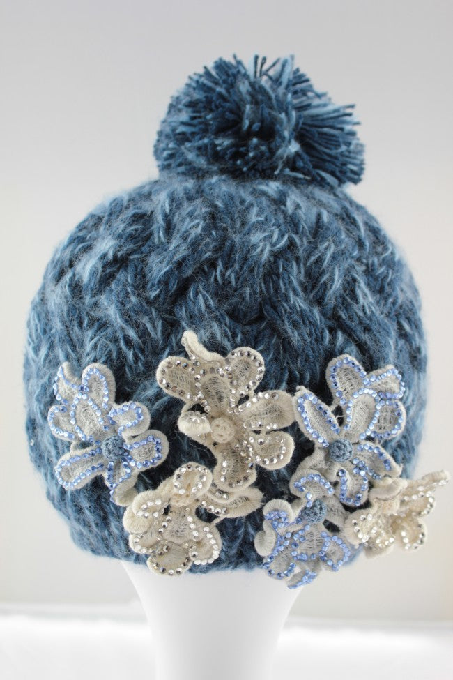 Lovely Multi-Flower Cable Knit Pom Pom Hat - Blue