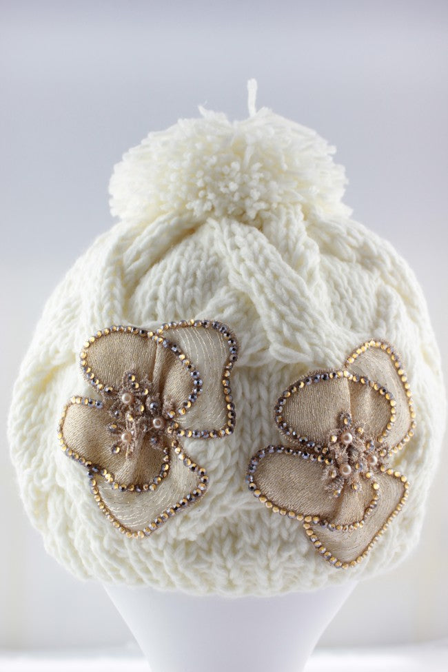 Beaded Twin Flower Pom Pom Hat - White