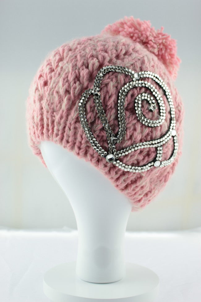 Rose Silhouette Diamante Pom Pom Hat - Pink