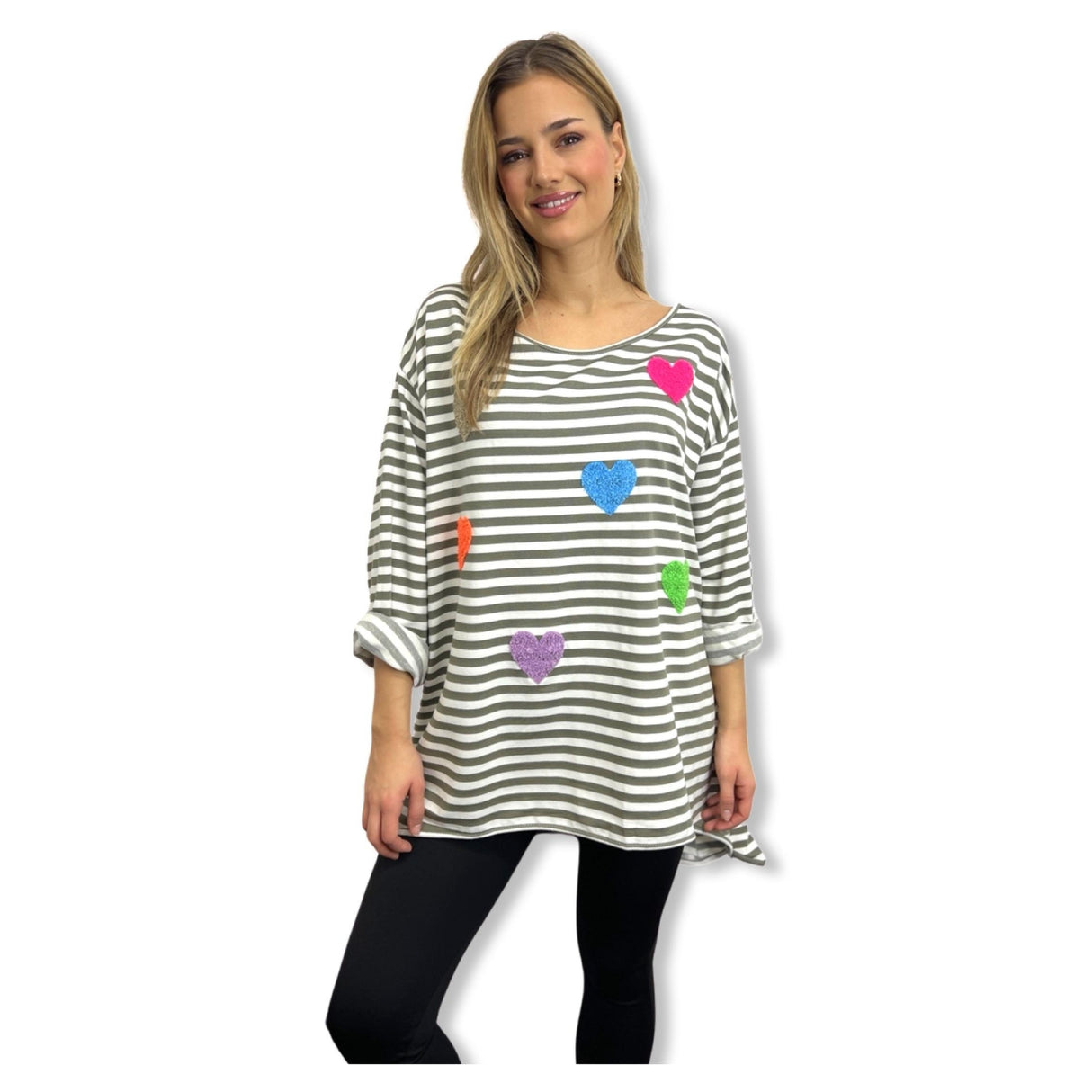 OVERSIZED STRIP 3/4 length multi hearts sweatshirts 100% cotton, plus size 10-24