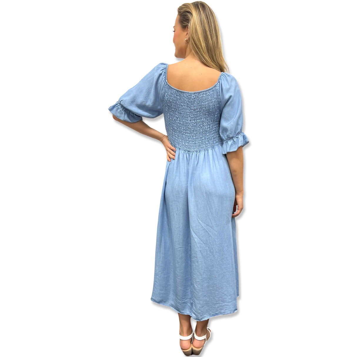 LADISE DENIM SMOCKED MAXI DRESS RUFFLE SLEEVES 100% TENCEL ONE SIZE FITS ALL 10-20
