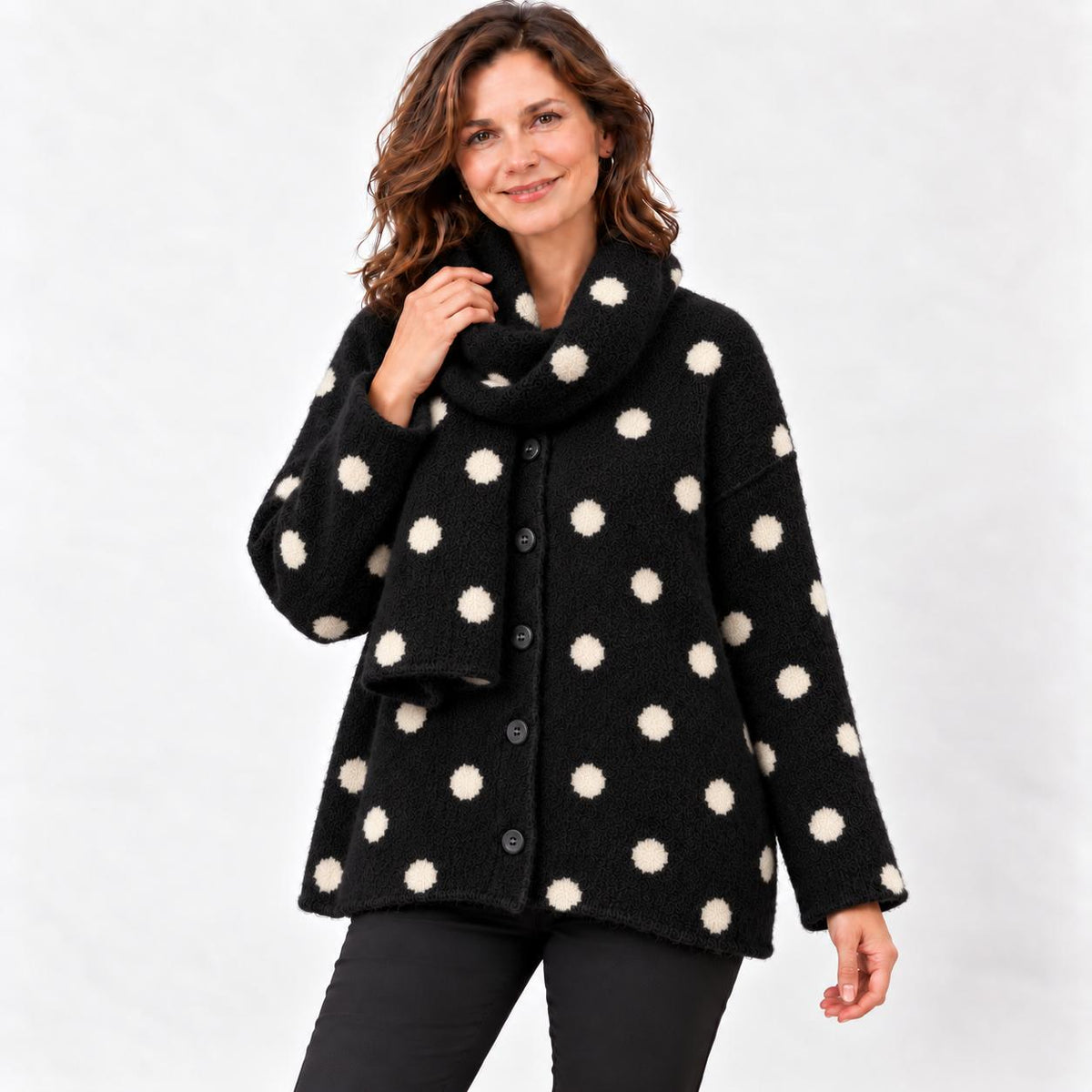 Oversized Polka Dot Knit Jumper & Reversible Scarf 2 Piece Set