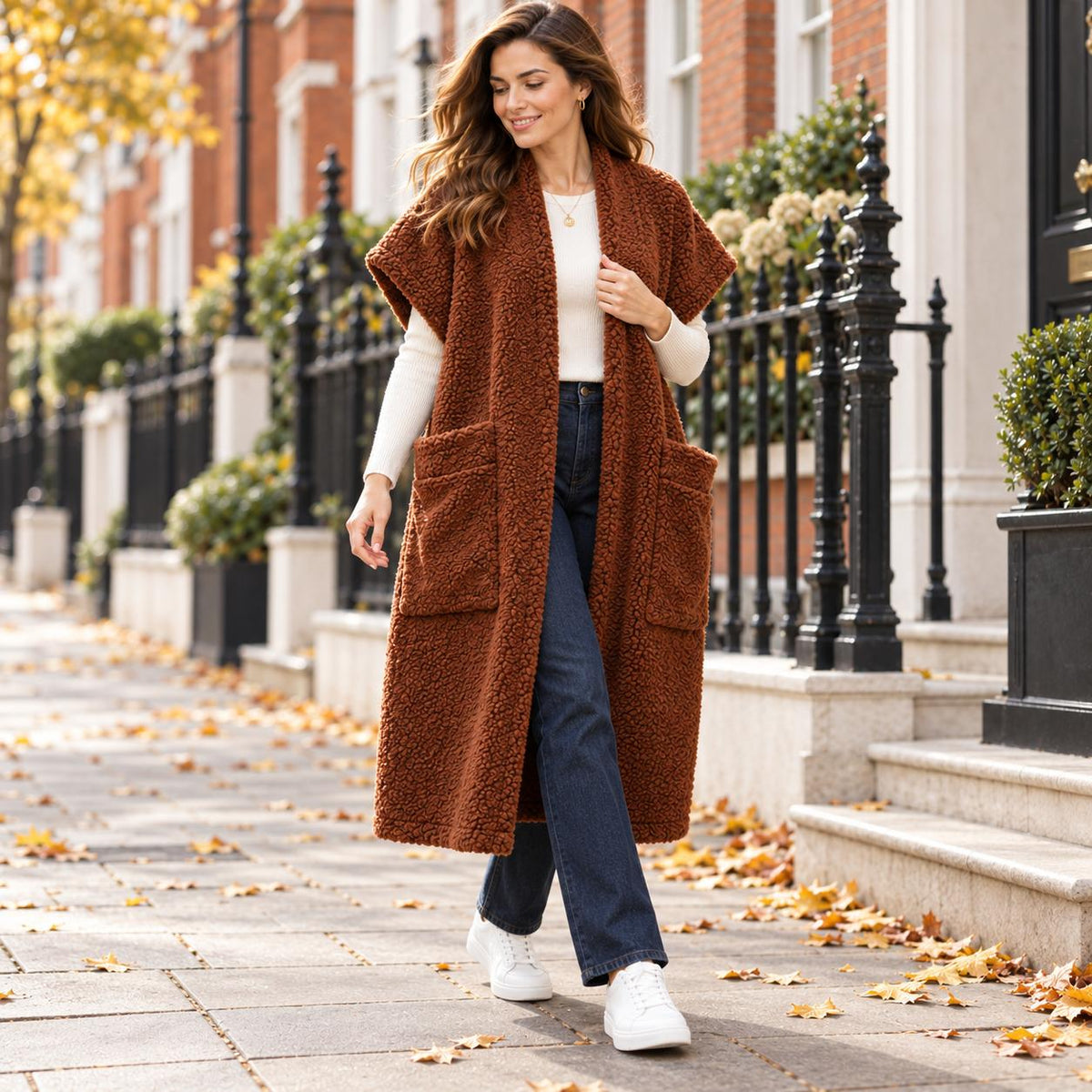 LADIES LONG WAISTCOAT TEDDY FLEECE GILET