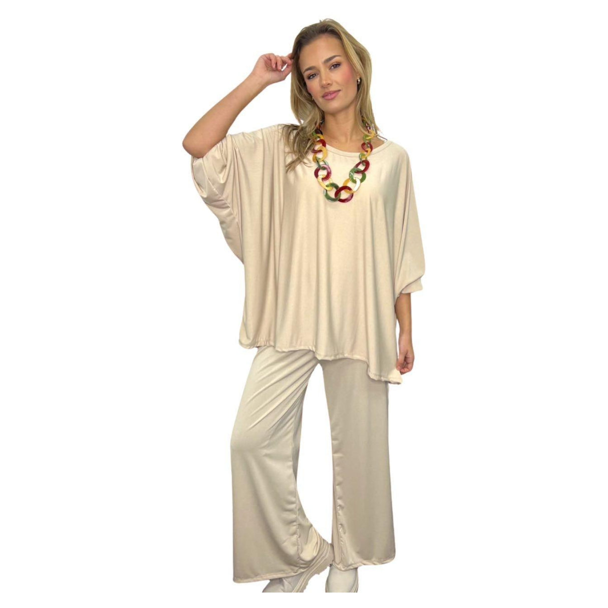 NEW SPRING CO-ORD SET COCOON SHAPE TOP & HIGH WAIST WIDE LEG PANTS ONE SIZE FITS ALL UK SIZE 10-24