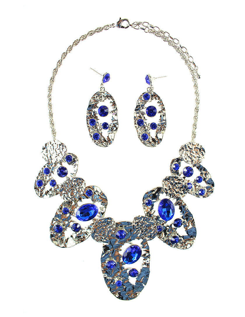 Crinkle Plate and Stone Necklace Set - Blue (YK1409020BL)