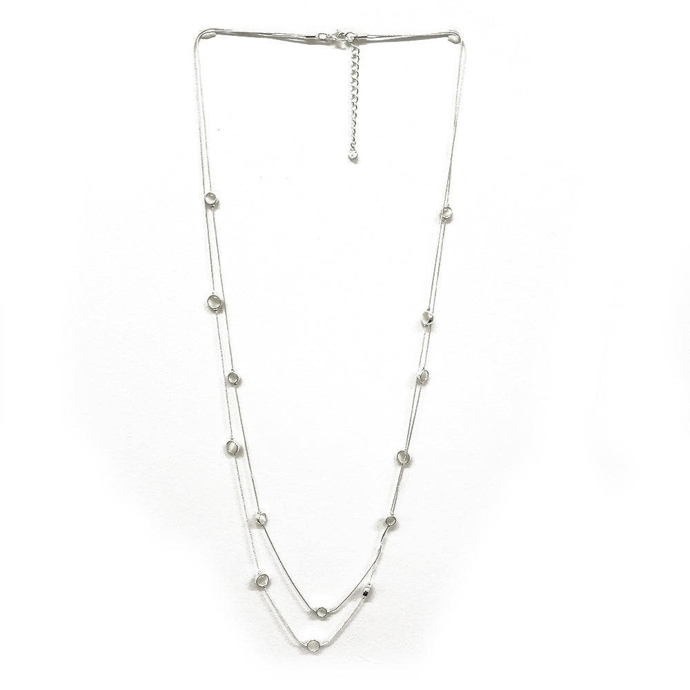 Double Strand Necklace with Round Gemstones - Silver-White (JM18071)