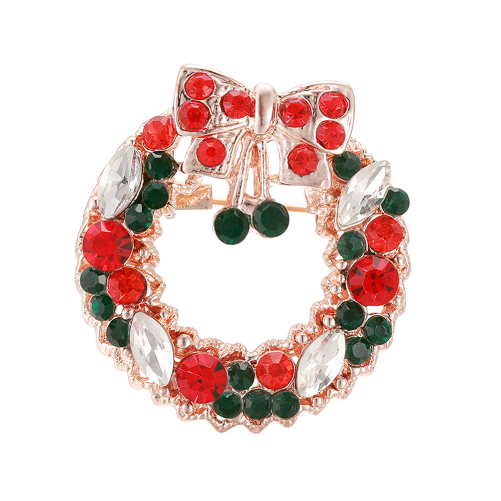 Bold Christmas Wreath with Bow Brooch - Rose Gold