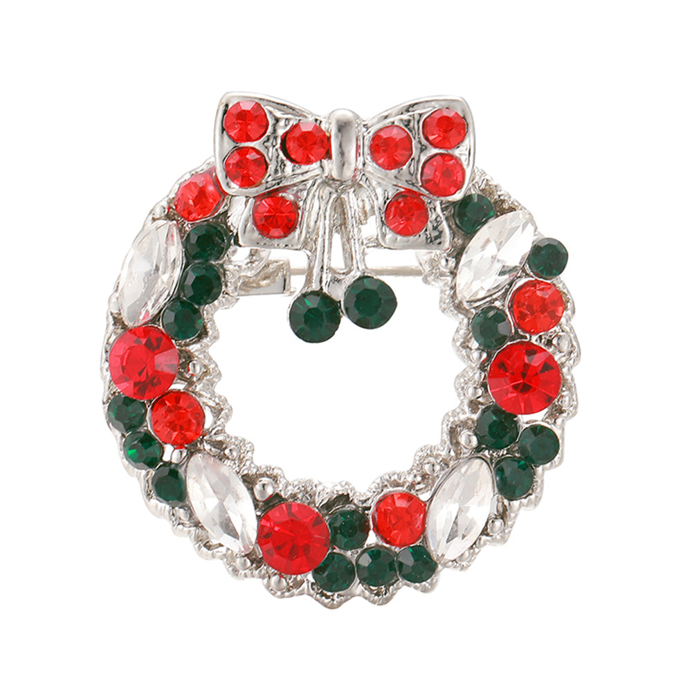 Bold Christmas Wreath with Bow Brooch - Silver