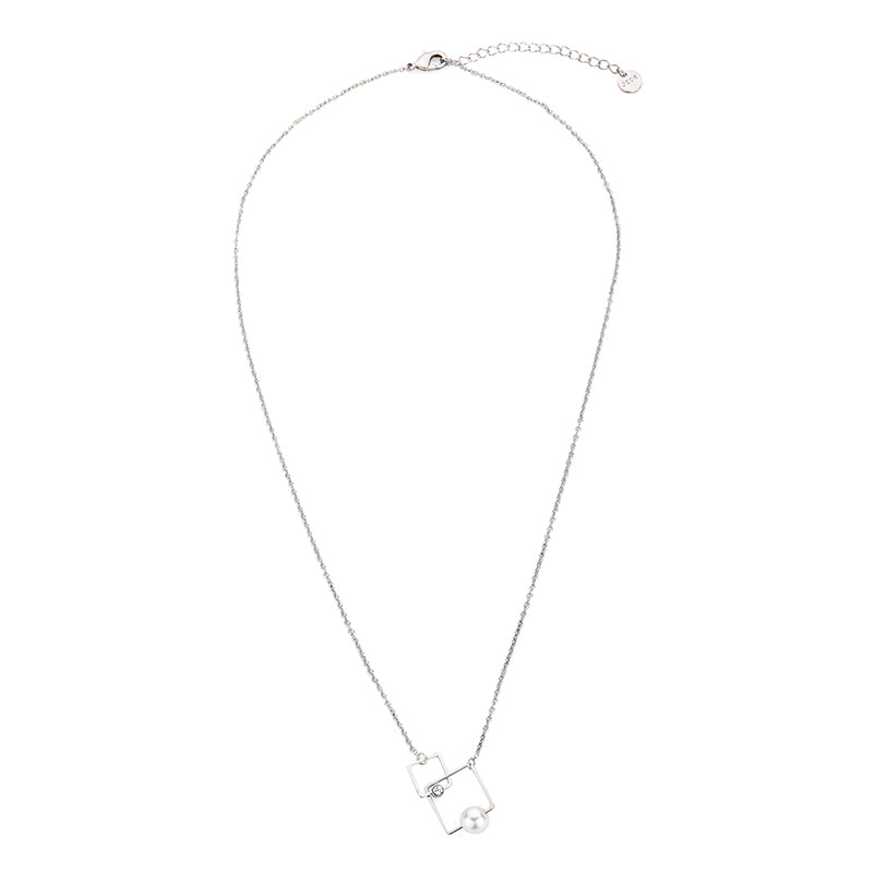 Interlocking Squares with Faux Pearl - Silver