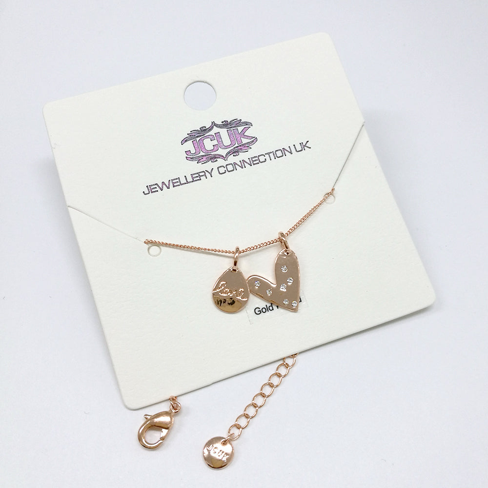 'Love' and Flat Heart Charm Bracelet - Rose Gold