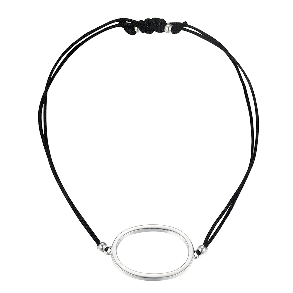 Oval Black Cotton Cord Bracelet - Silver