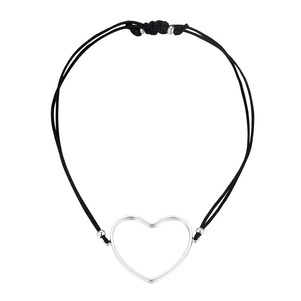 Heart Black Cotton Cord Bracelet - Silver