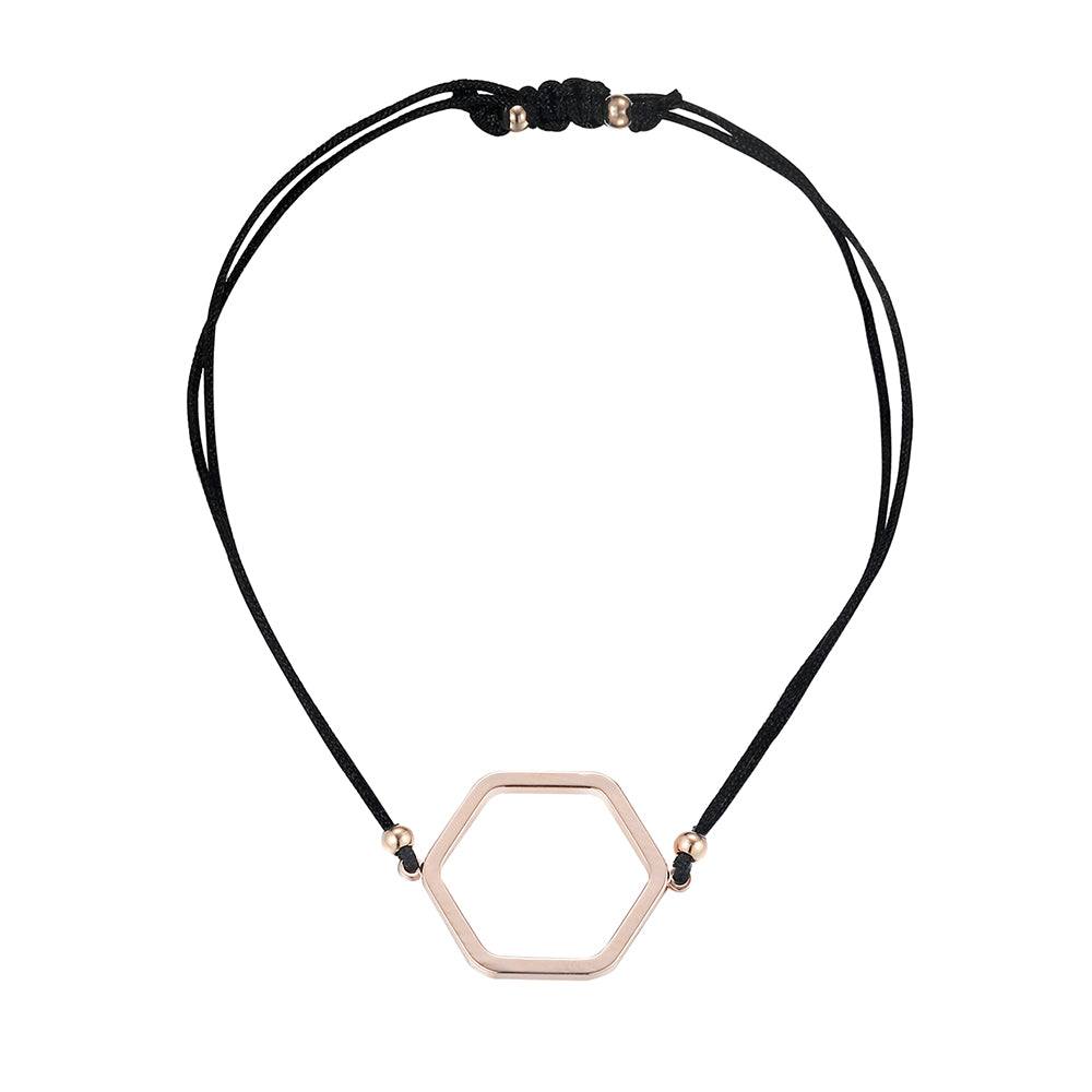 Hexagon Black Cotton Cord Bracelet - Rose Gold