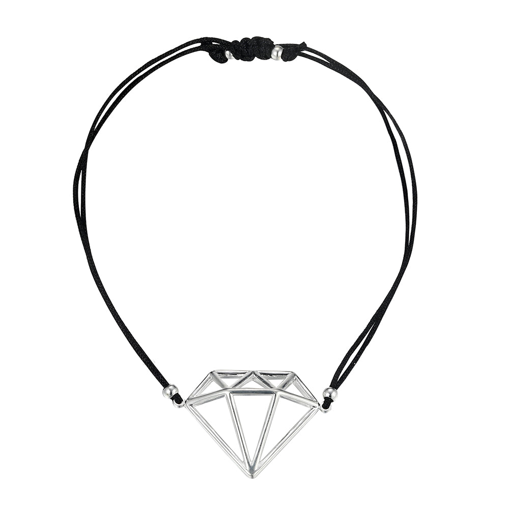 Geometric Diamond Black Cotton Cord Bracelet - Silver