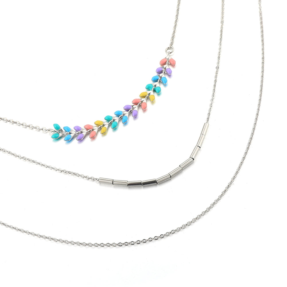 Three Chain Coloured Chevron Long Necklace - Silver (CY18013SL)