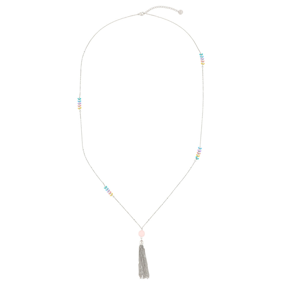 Coloured Chevron with Tassel Chain Necklace - Silver (CY18016SL)