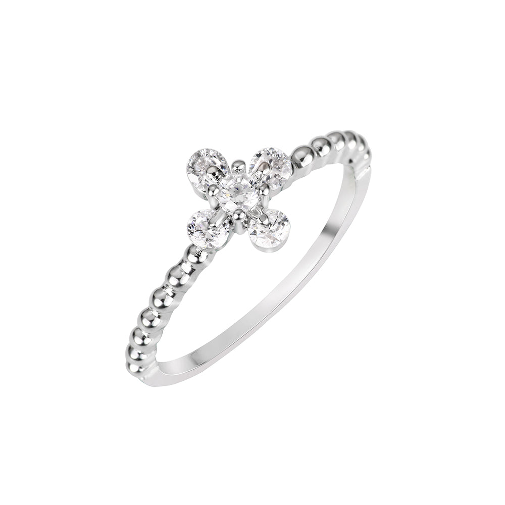 Beaded Diamante Cross Shape Ring - Silver
