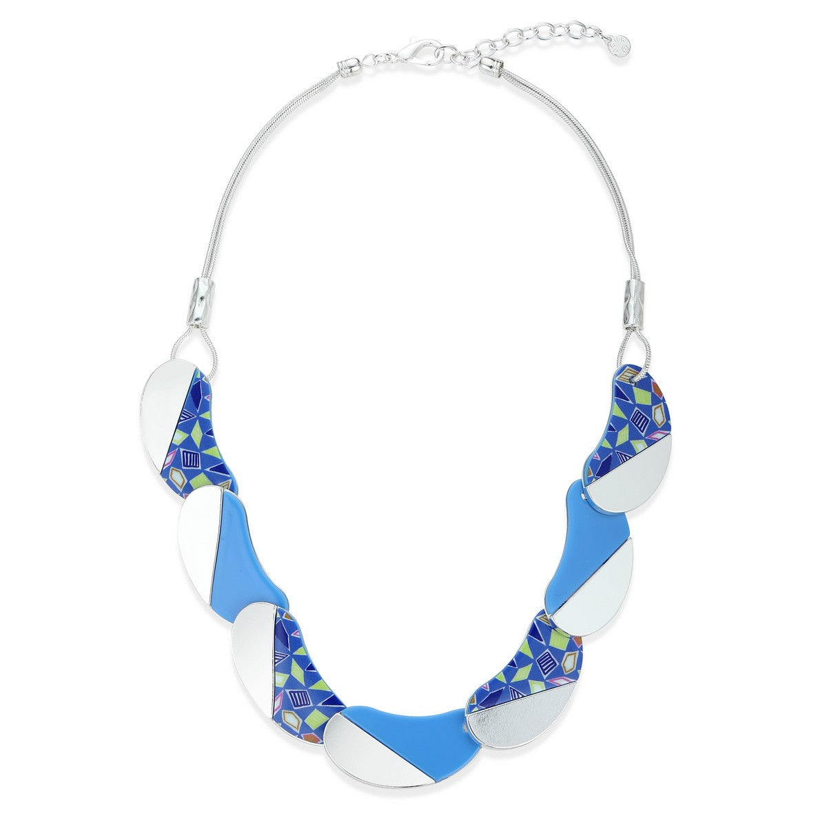 Blue and Silver Patterned Beads Statement Necklace YD12020MUL