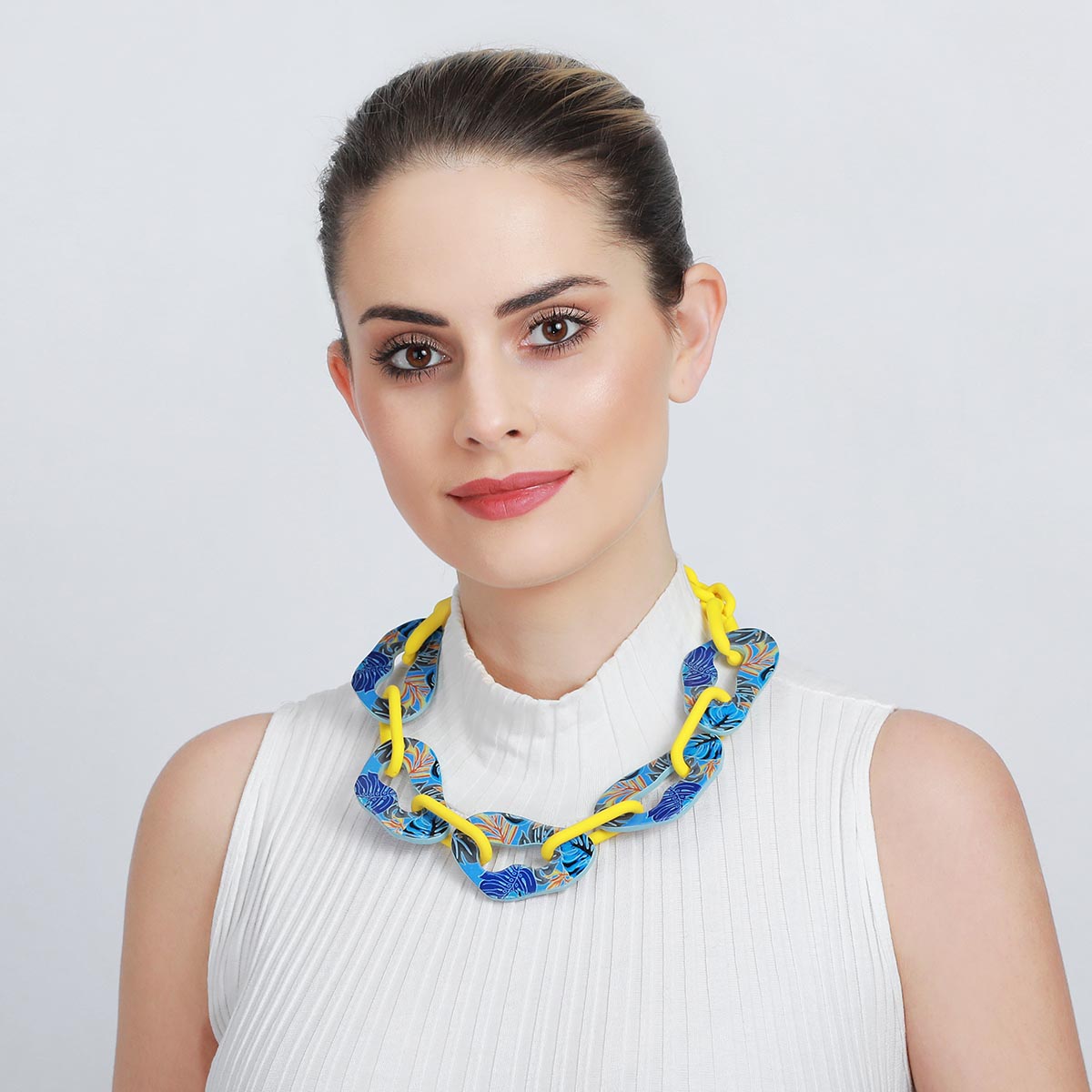 Geometric Blue and Yellow Chunky Chain Necklace YD12059MUL