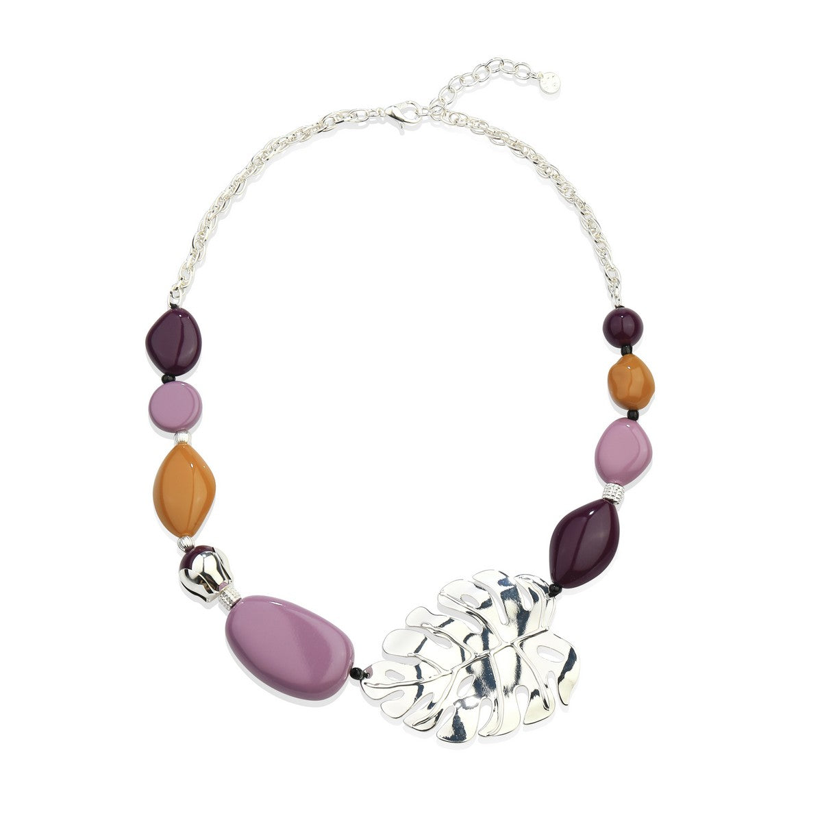 Silvery Metal Leaf Necklace with Multi-Coloured Beads YD21056MUL