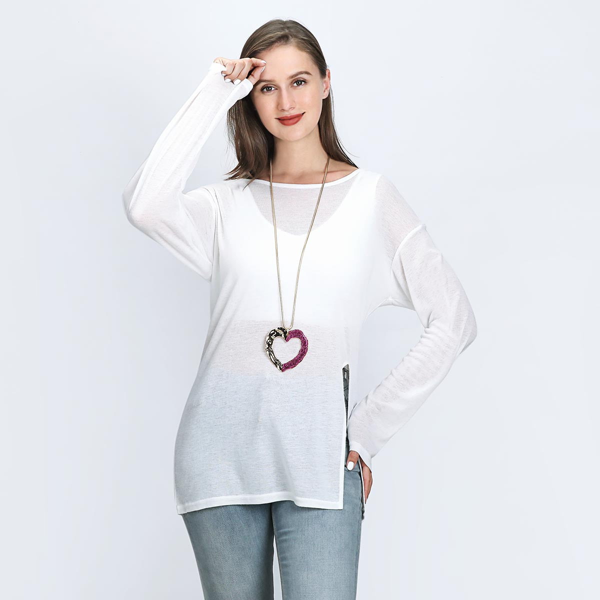 Long Necklace with Large Two-Tone Heart Pendant YD22051YGD