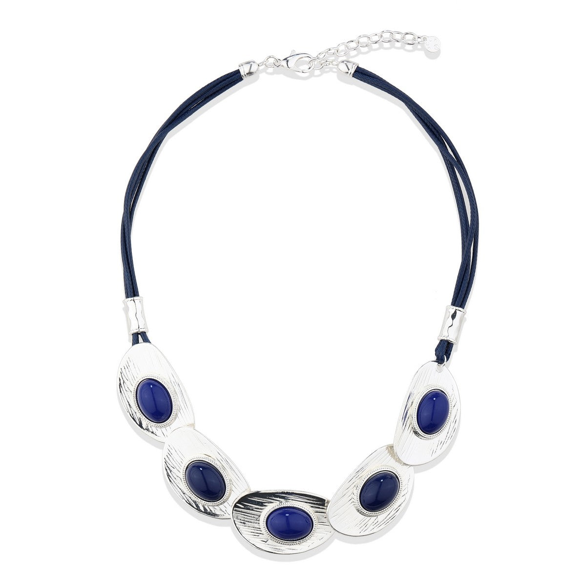 Textured Silvery Discs with Embodied Navy Beads Necklace YD22131BLU