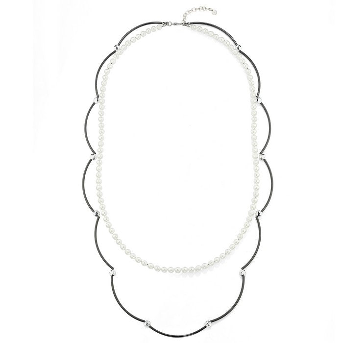 Curved Bars and Pearly Beads Chain Necklace - Black-White (YD28113WHT)