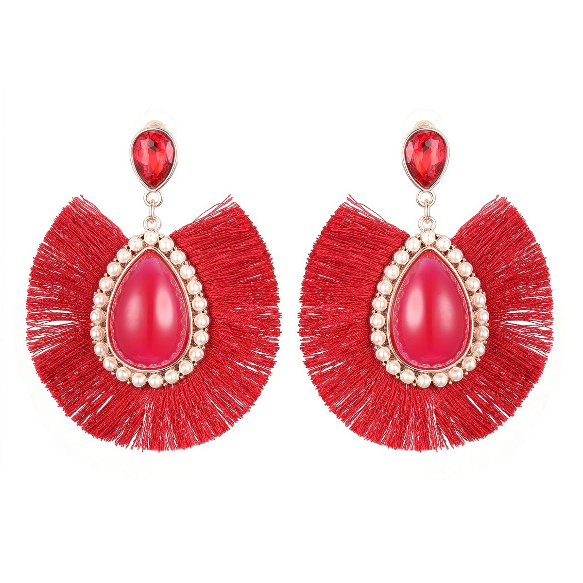 Teardrop Tassel Dangle Earrings - Rose Gold-Red (YD38E02RGD)