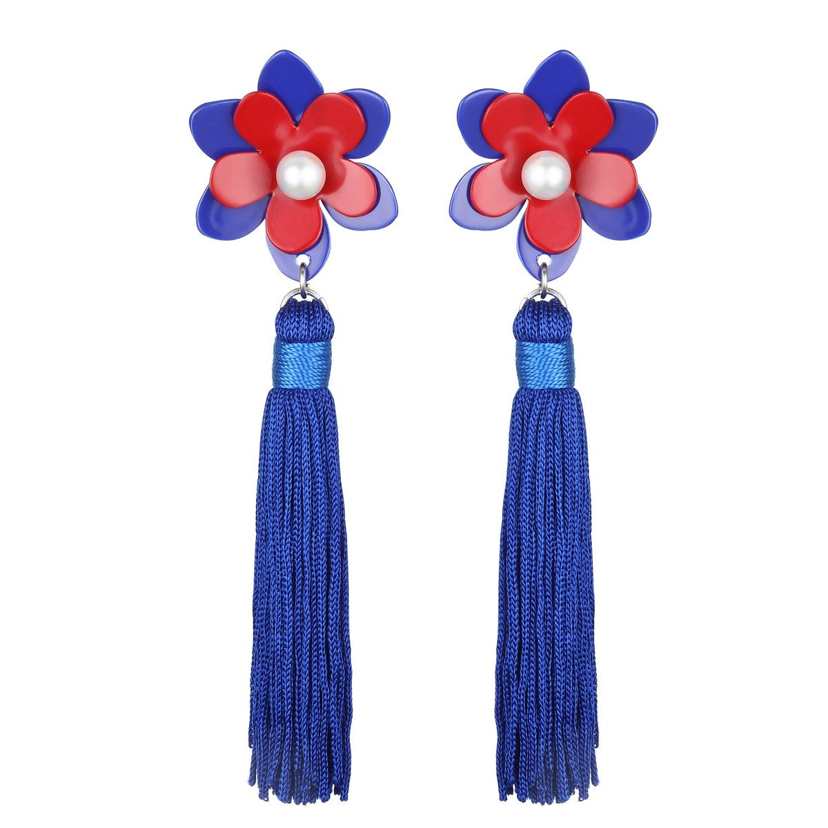 Flower Petal Tassel Dangle Earrings - Blue-Red (YD38E03SLR)