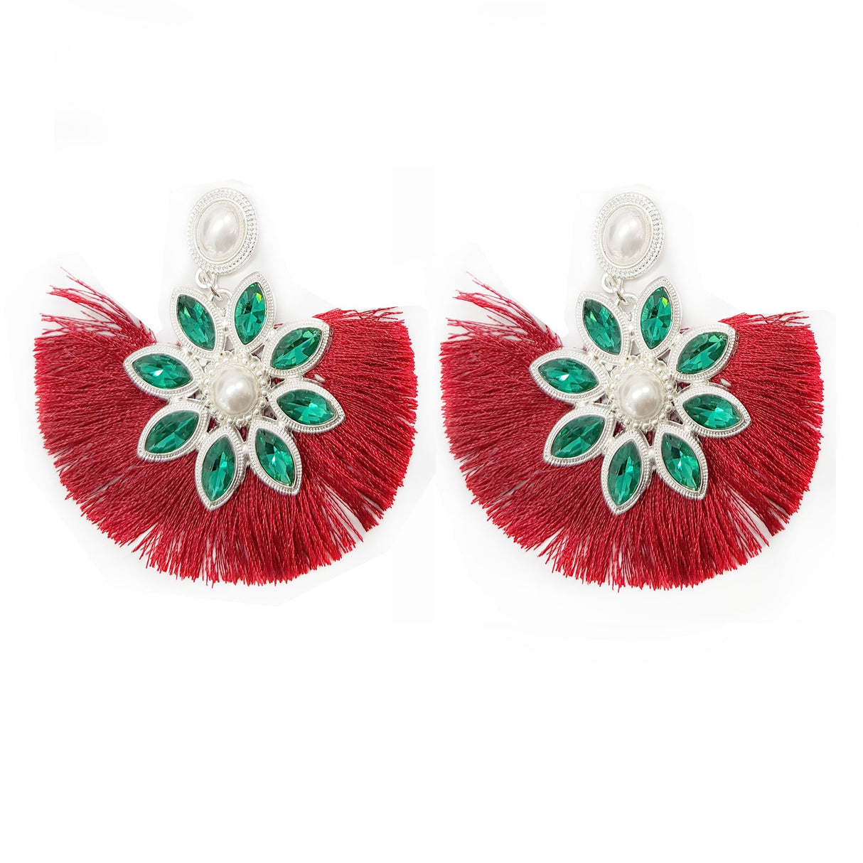 Flower Fan Shaped Tassel Earrings - Silver-Red (YD38E10SLR)