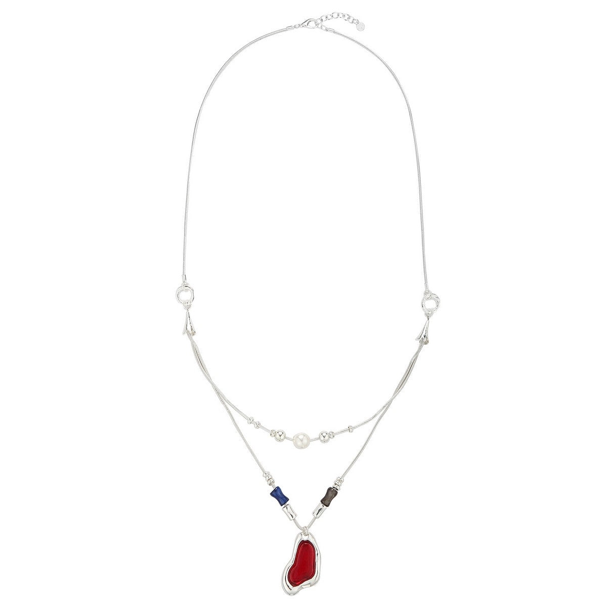 Heart and Pearls Necklace - Silver-Red (YD48016MUL)