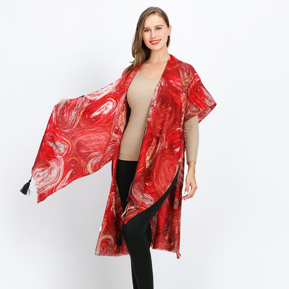 Red Multicolour Swirl Pattern Soft Touch Kimono YF22003RED
