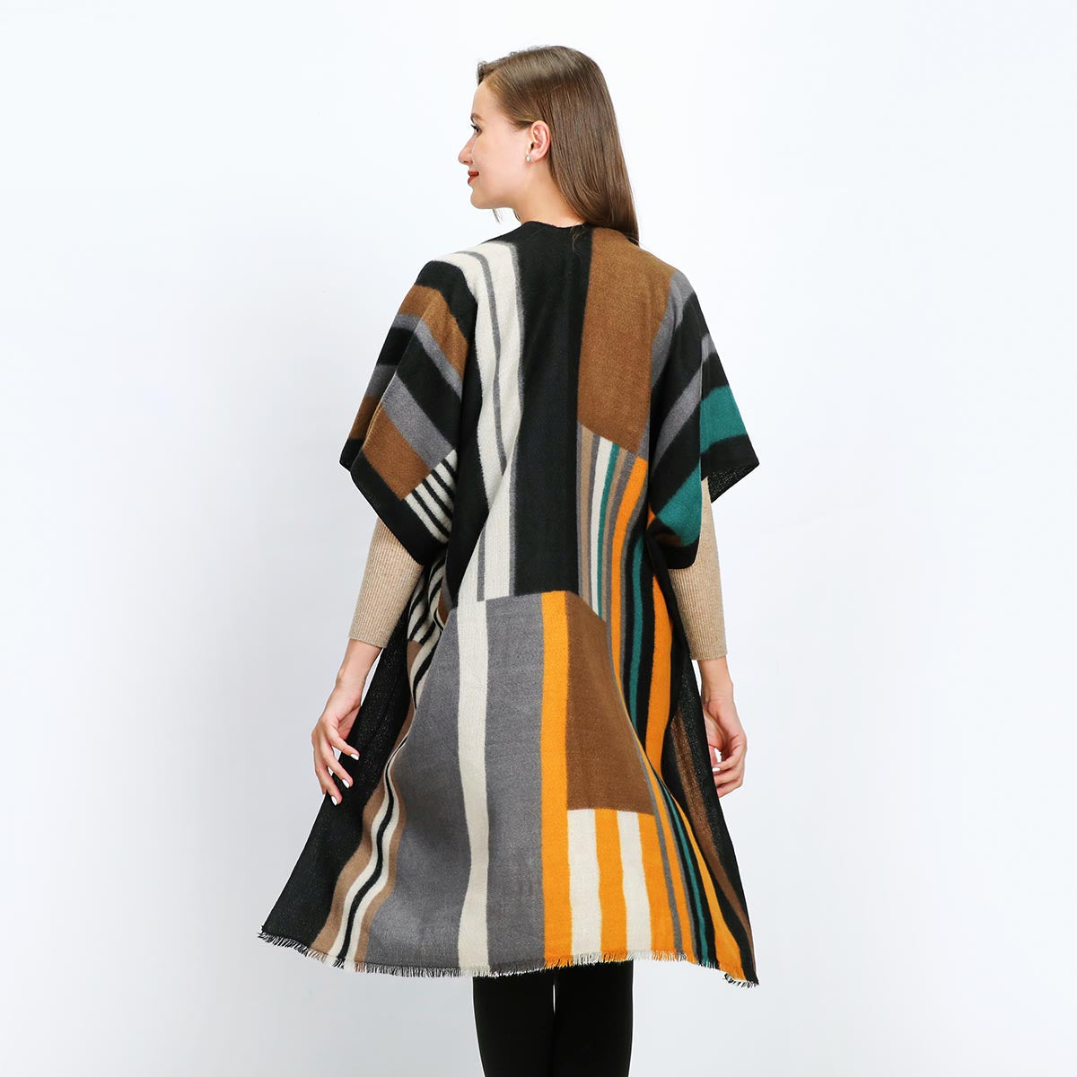 Yellow Multicolour Stripes Mix Wool Kimono YF22009YEL