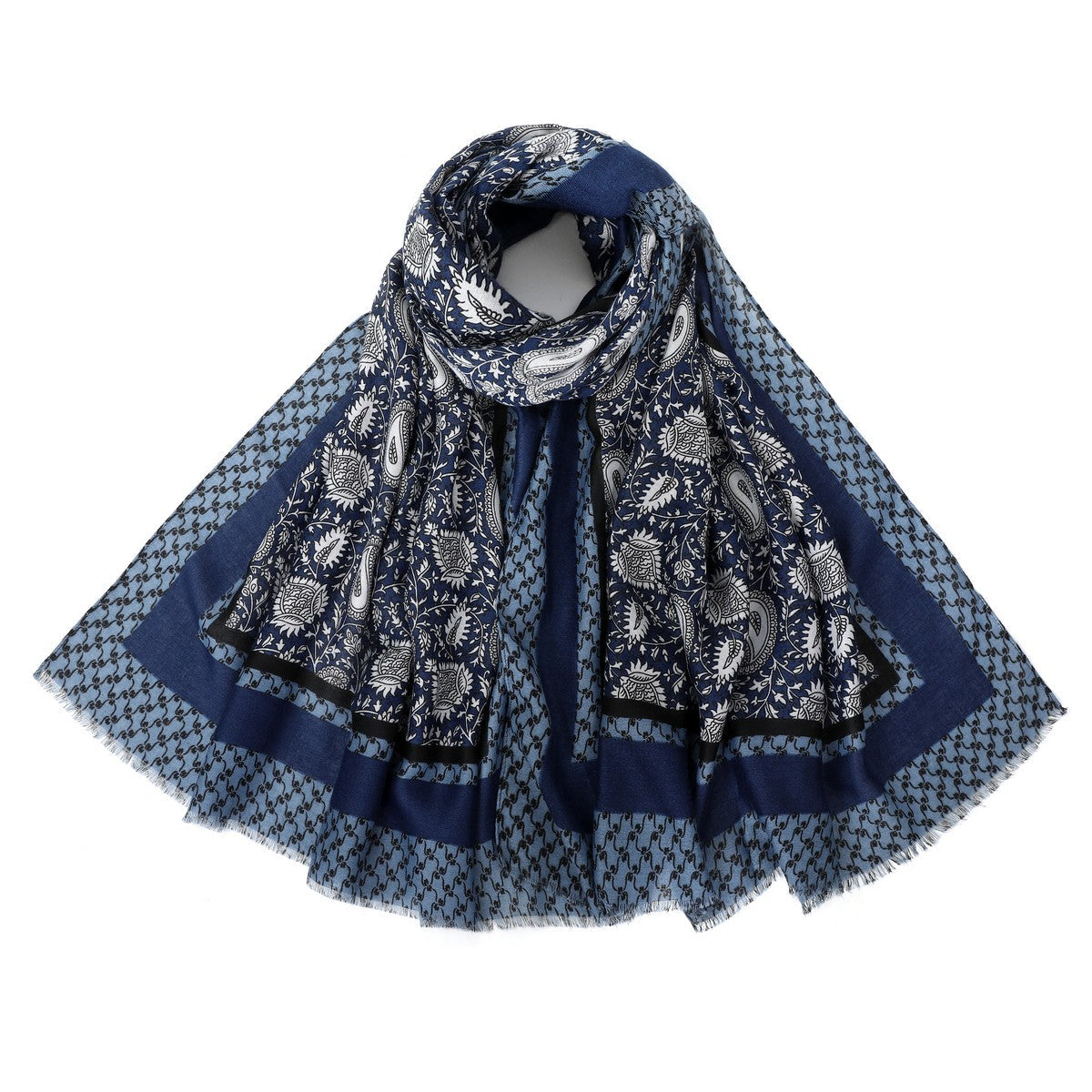 Paisley Pattern Scarf with Border - Blue YF22501BLU