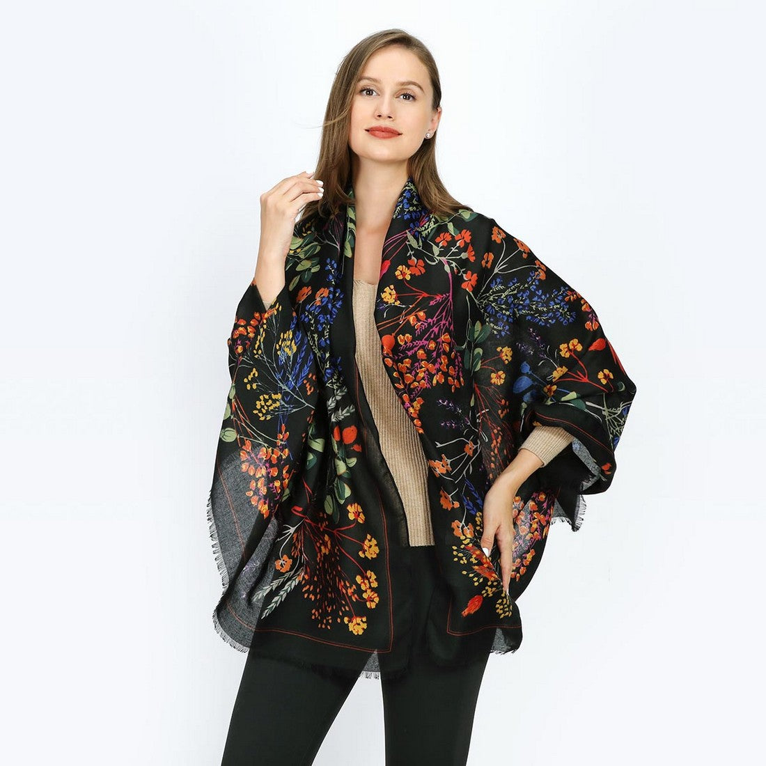 Floral Design Cotton Blend Scarf - Black YF22505BLK