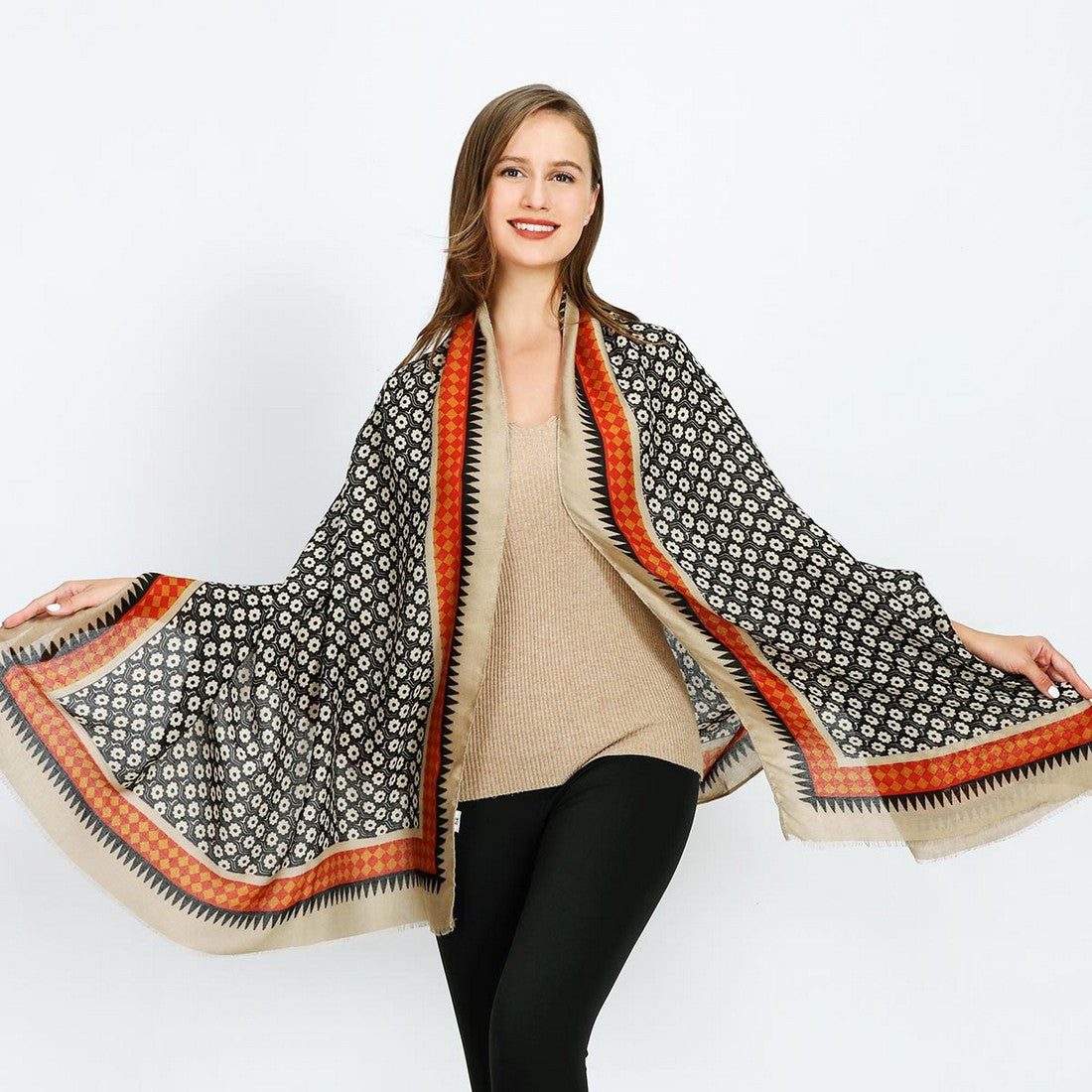 Daisy Pattern Scarf with Border - Khaki YF22506KHA