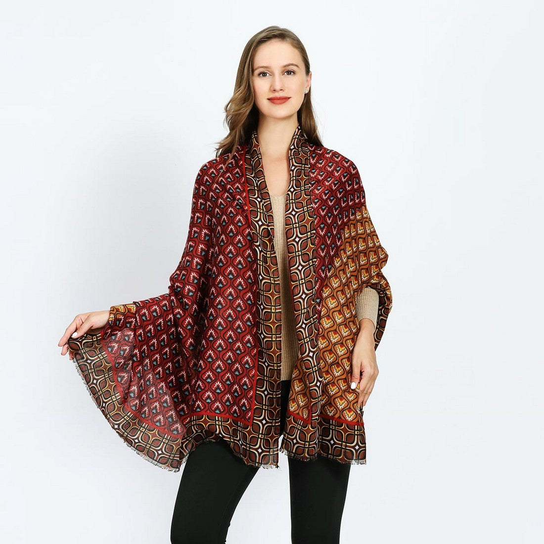 Mix Pattern Cotton Blend Scarf - Orange YF22507ORG