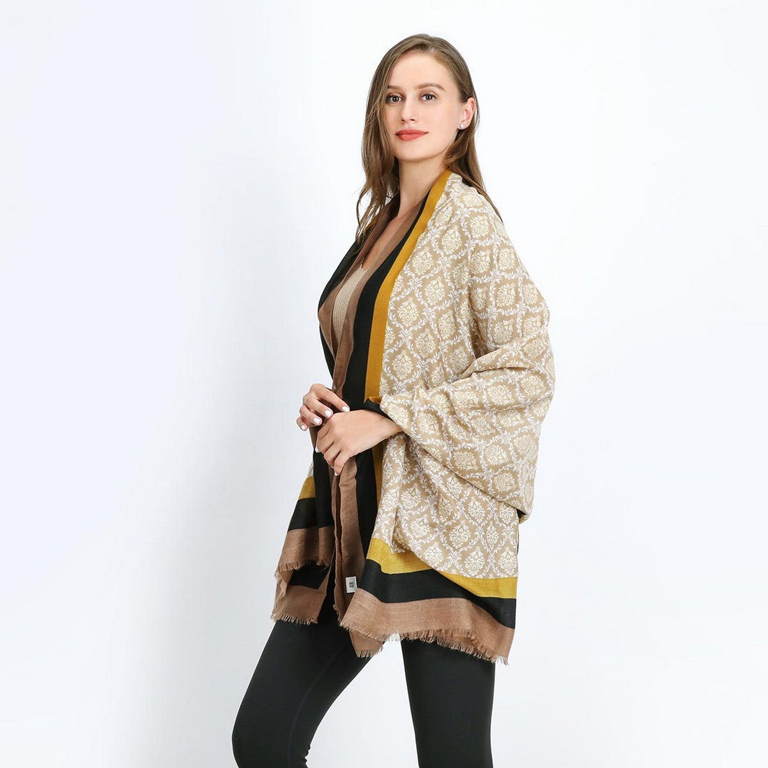 Khaki Damask Pattern Mixed Cotton Scarf YF22515KHA