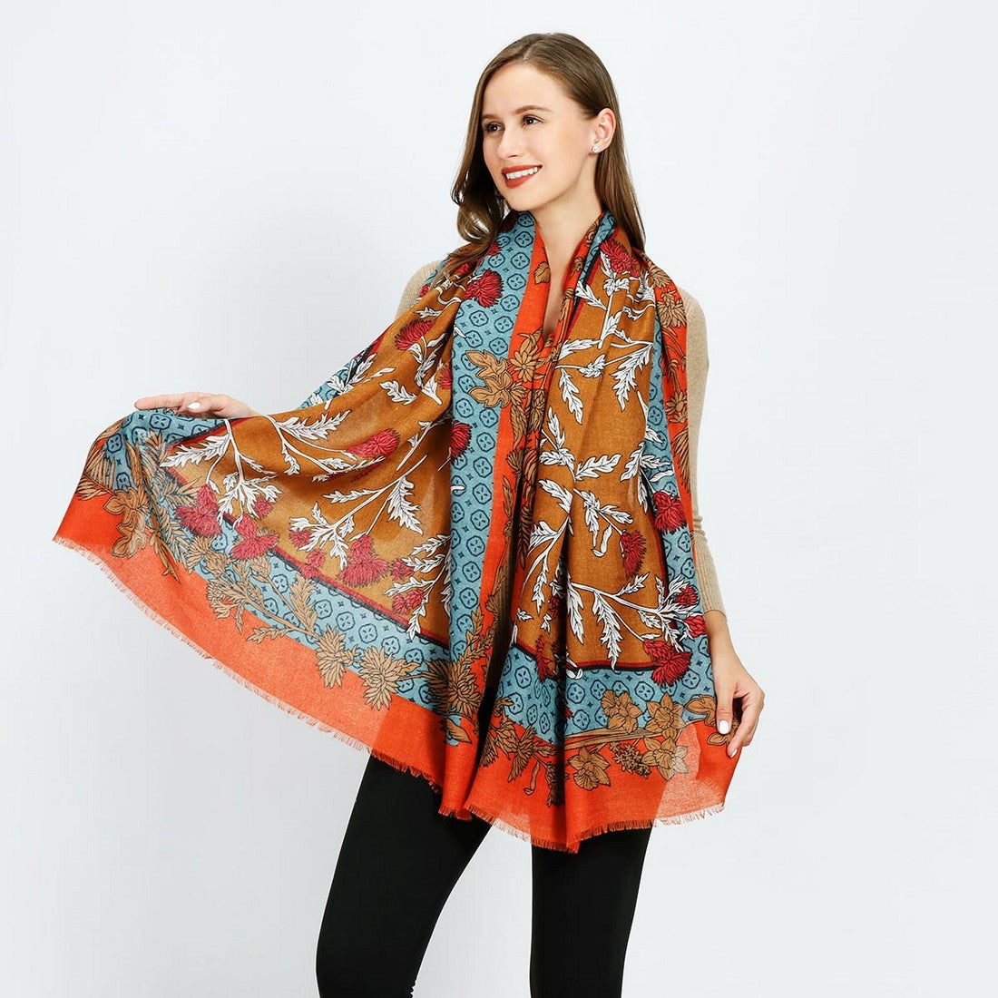 Orange Mixed Cotton Floral Print Scarf YF22520ORG