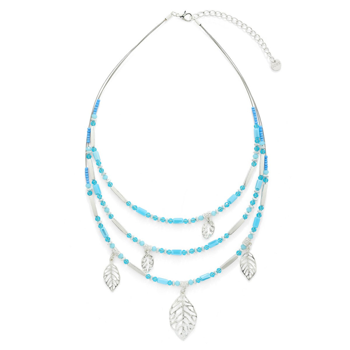 Tri-Layer Blue Beaded Necklace with Silvery Leaves YT10038BLU