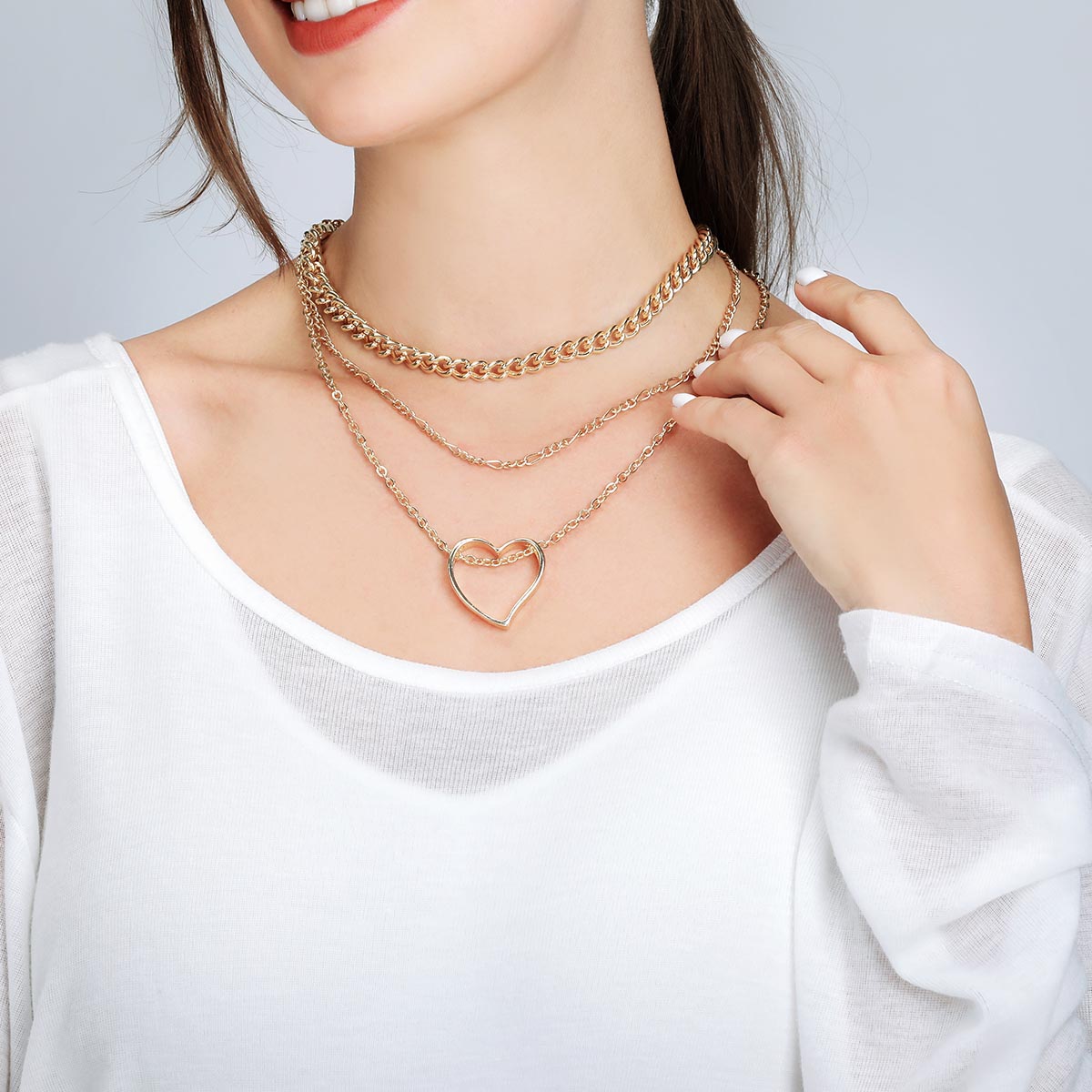 Gold Layered Chain Link Necklace with Heart Accent YT22005YGD