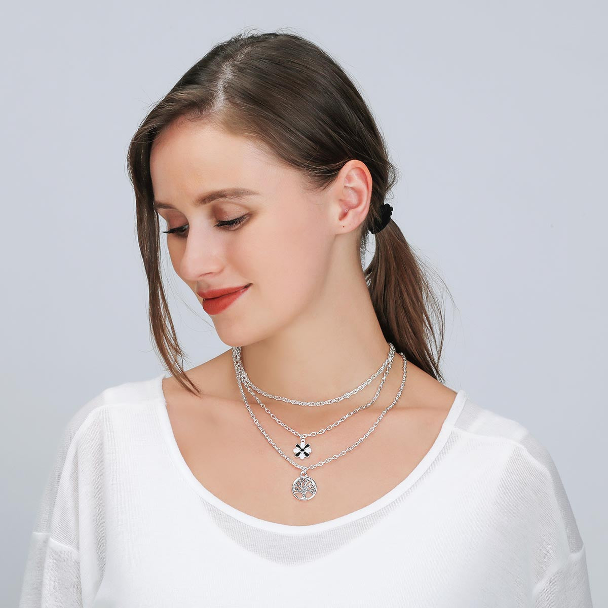 Silver Layered Necklace with Tree and Flower Pendants YT22007SLR