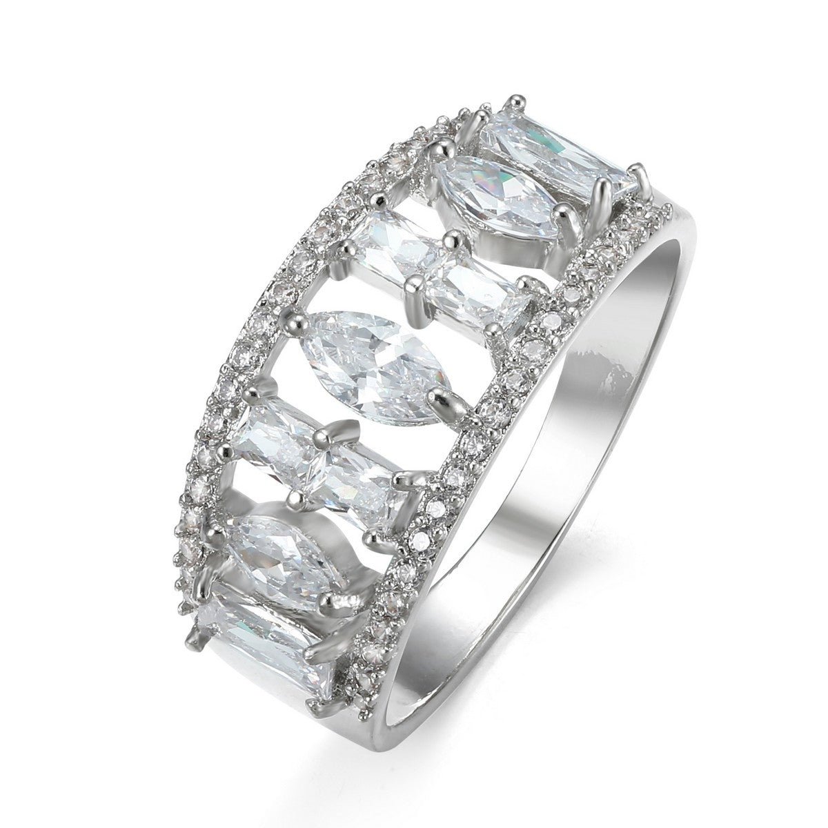Large Double Band Ring with Diamantes and Gems YV10015SLR