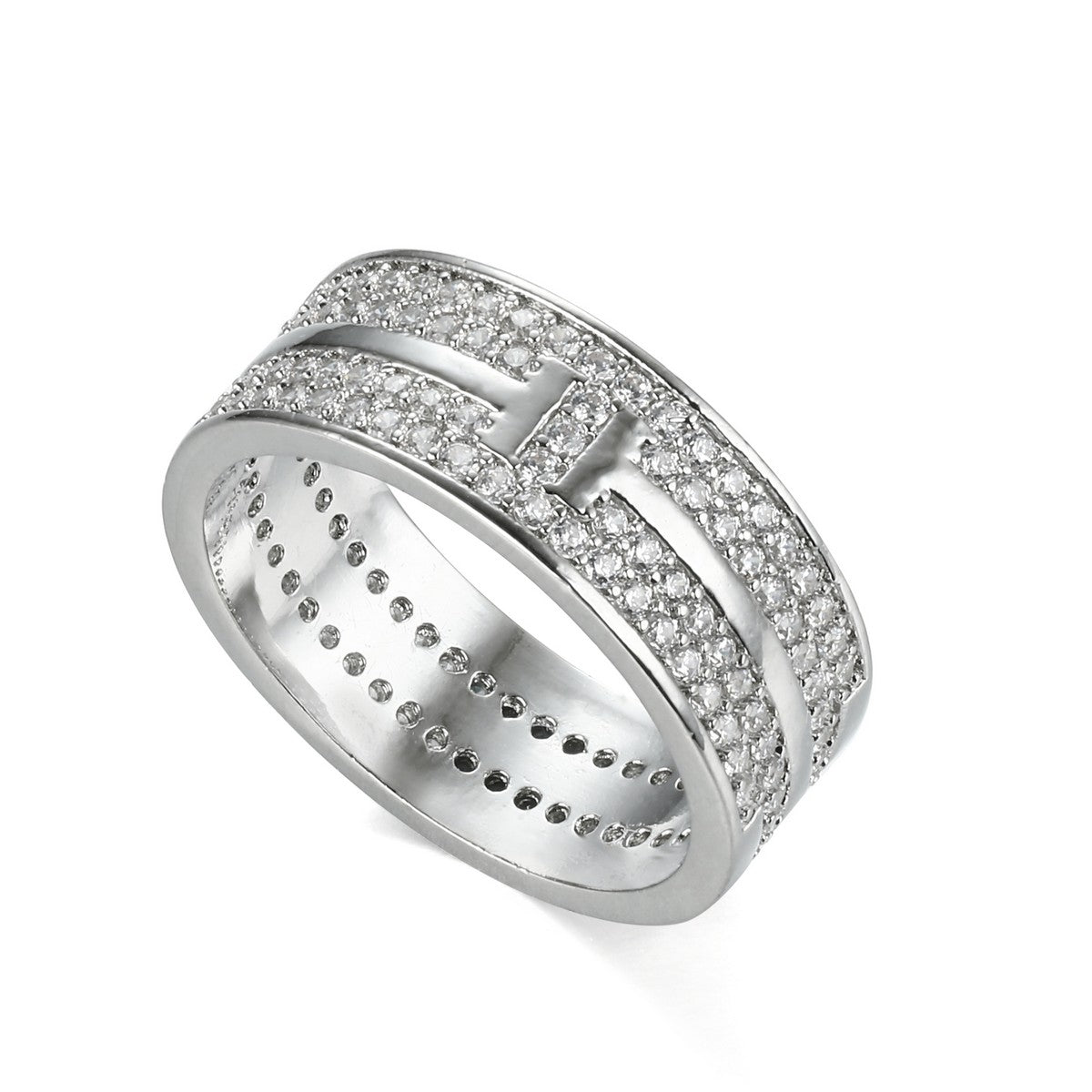 Silver Gold Plated Wide Band Ring with Diamantes YV21018SLR